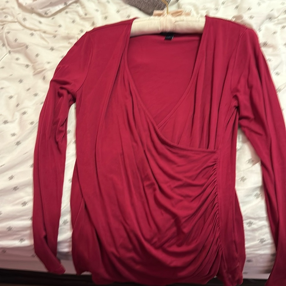 Purple long sleeve top with wrap and side rouching